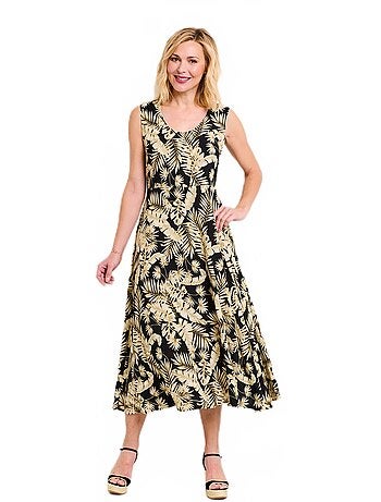 Robe longue sans manches évasée imprimé feuillage - Afibel