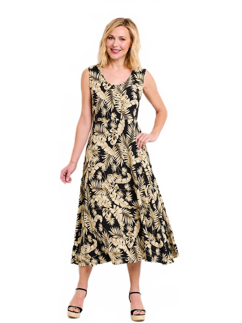 Robe longue sans manches évasée imprimé feuillage - Afibel Noir Ecru - Kiabi