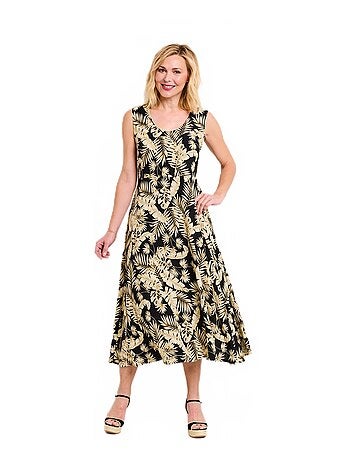 Robe longue sans manches évasée imprimé feuillage
