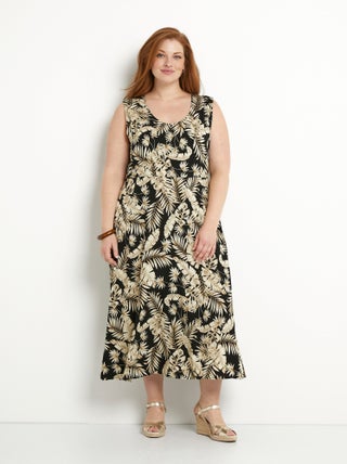 Robe longue sans manches évasée imprimé feuillage