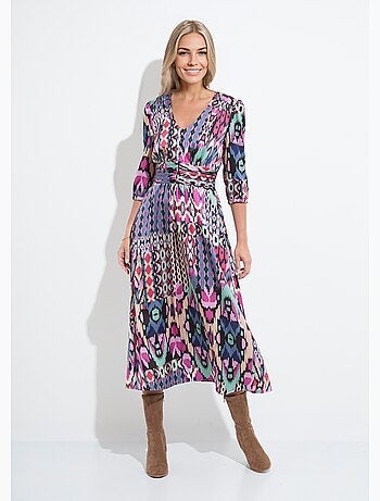 Robe longue satin imprimé ethnique manches 3/4 - Afibel