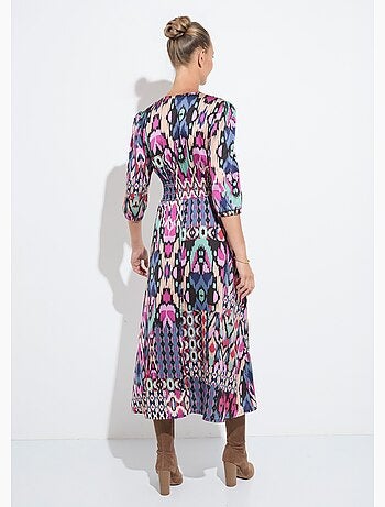 Robe longue satin imprimé ethnique manches 3/4 - Afibel