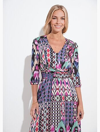 Robe longue satin imprimé ethnique manches 3/4 - Afibel