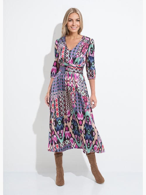Robe longue satin imprimé ethnique manches 3/4 - Afibel - Kiabi