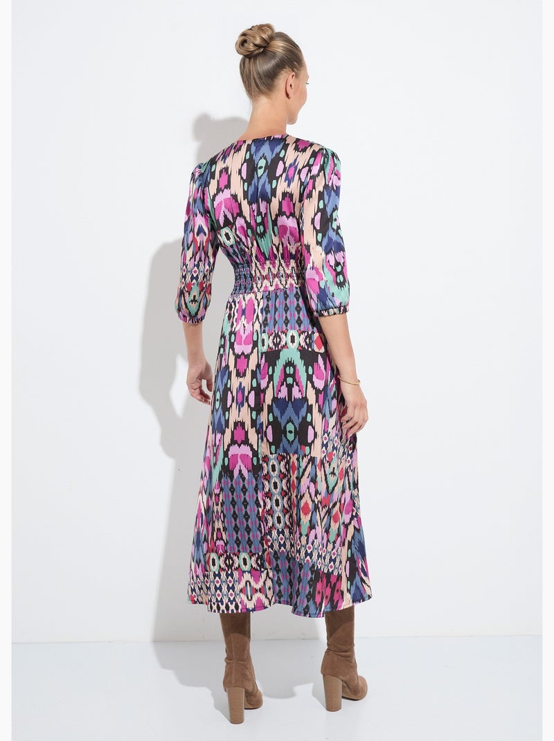 Robe longue satin imprimé ethnique manches 3/4 - Afibel Multicolore - Kiabi