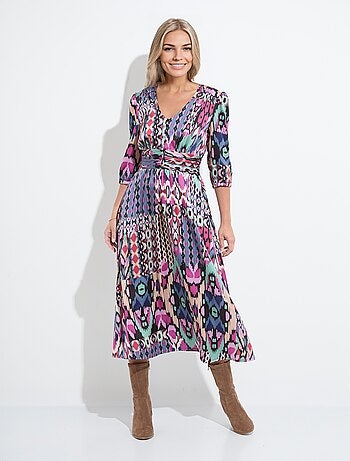 Robe longue satin imprimé ethnique manches 3/4