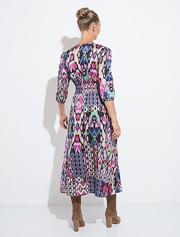 Robe longue satin imprimé ethnique manches 3/4
