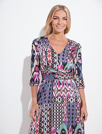 Robe longue satin imprimé ethnique manches 3/4