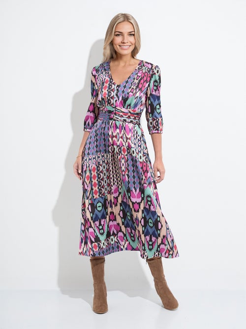 Robe longue satin imprimé ethnique manches 3/4 - Kiabi
