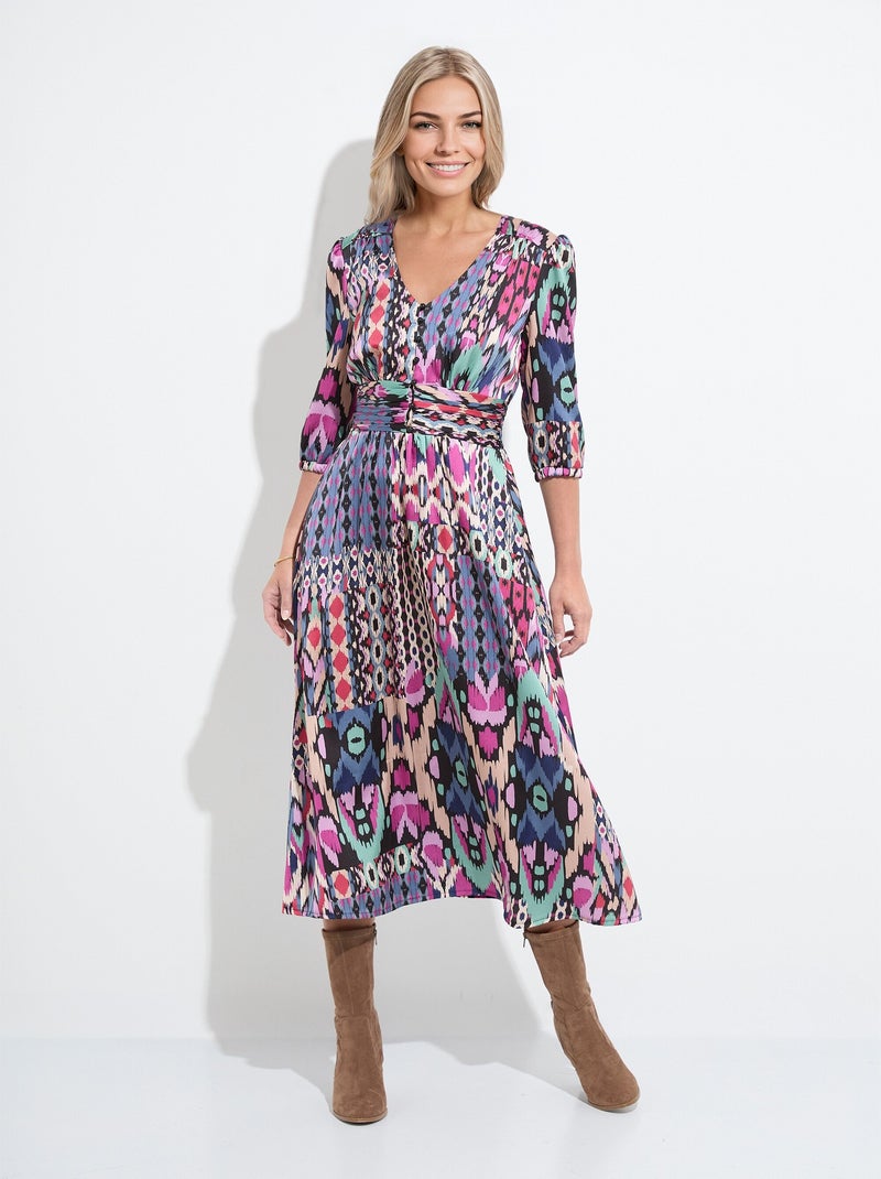 Robe longue satin imprimé ethnique manches 3/4 Multicolore - Kiabi