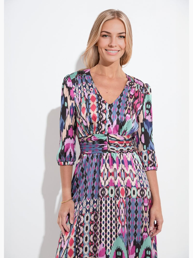Robe longue satin imprimé ethnique manches 3/4 Multicolore - Kiabi