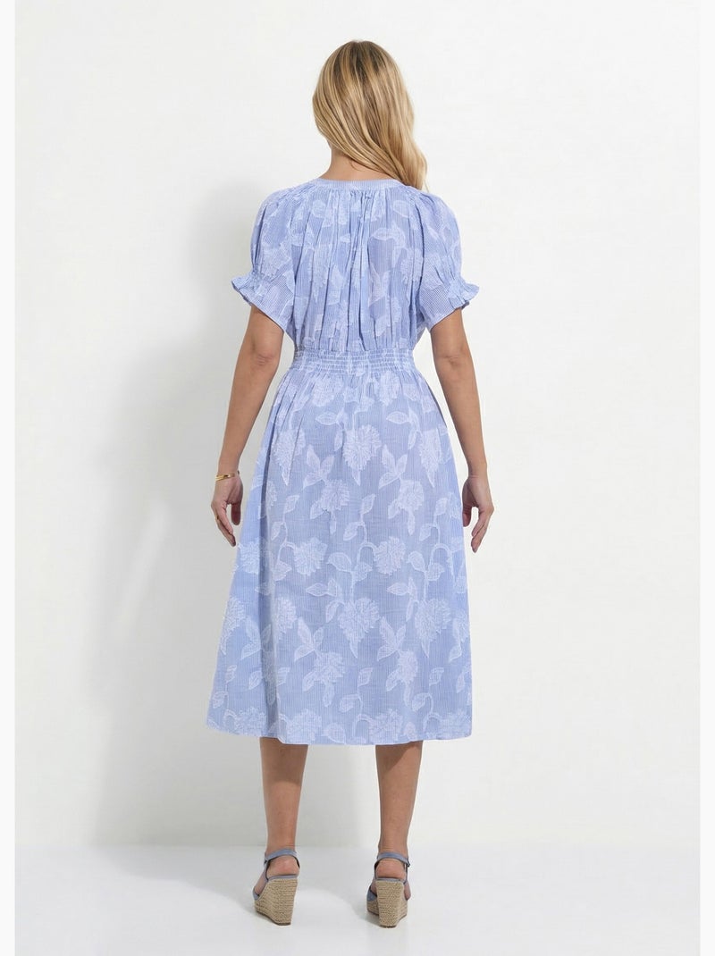 Robe longue smocks coton rayures et jacquard - afibel Bleu Blanc - Kiabi