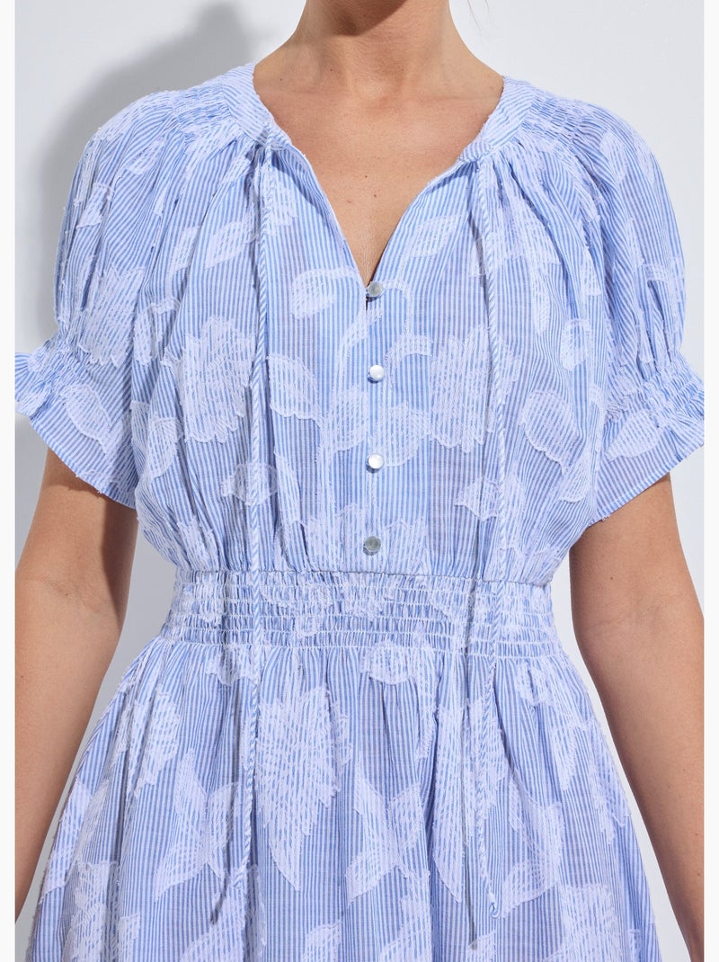 Robe longue smocks coton rayures et jacquard - afibel Bleu Blanc - Kiabi