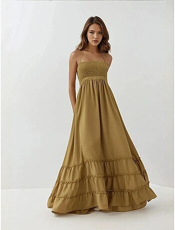 Robe longue texturée à col carré