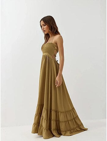 Robe longue texturée à col carré
