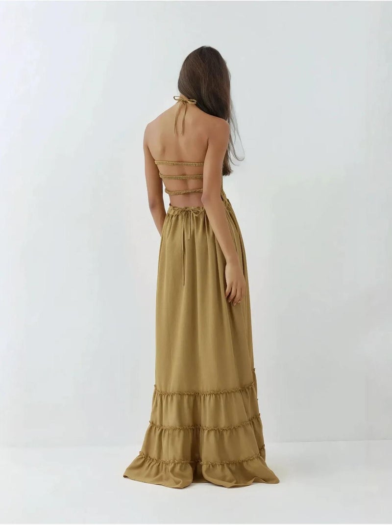 Robe longue texturée à col carré Vert kaki - Kiabi