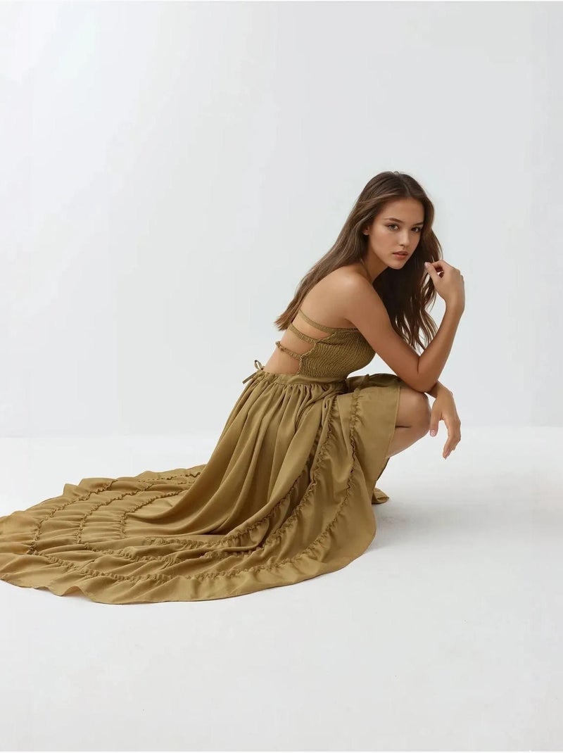Robe longue texturée à col carré Vert kaki - Kiabi