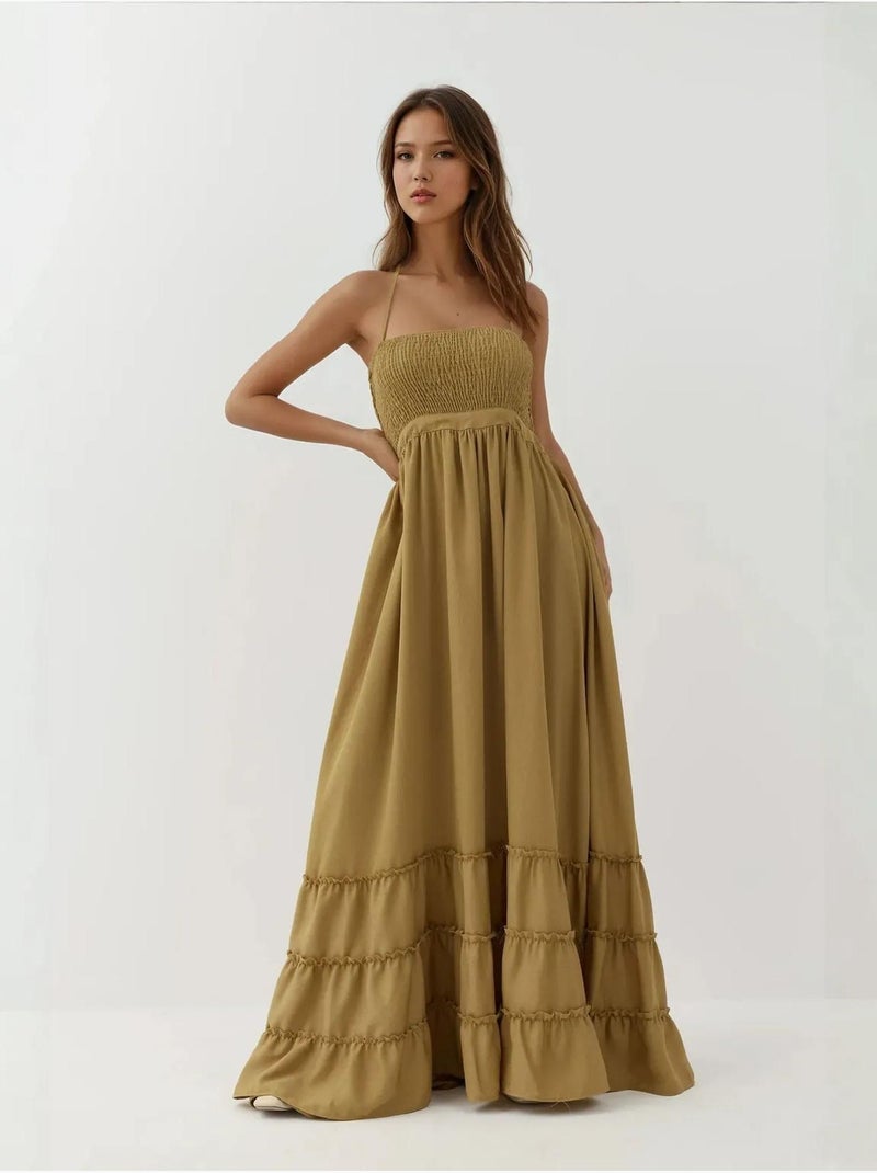 Robe longue texturée à col carré Vert kaki - Kiabi