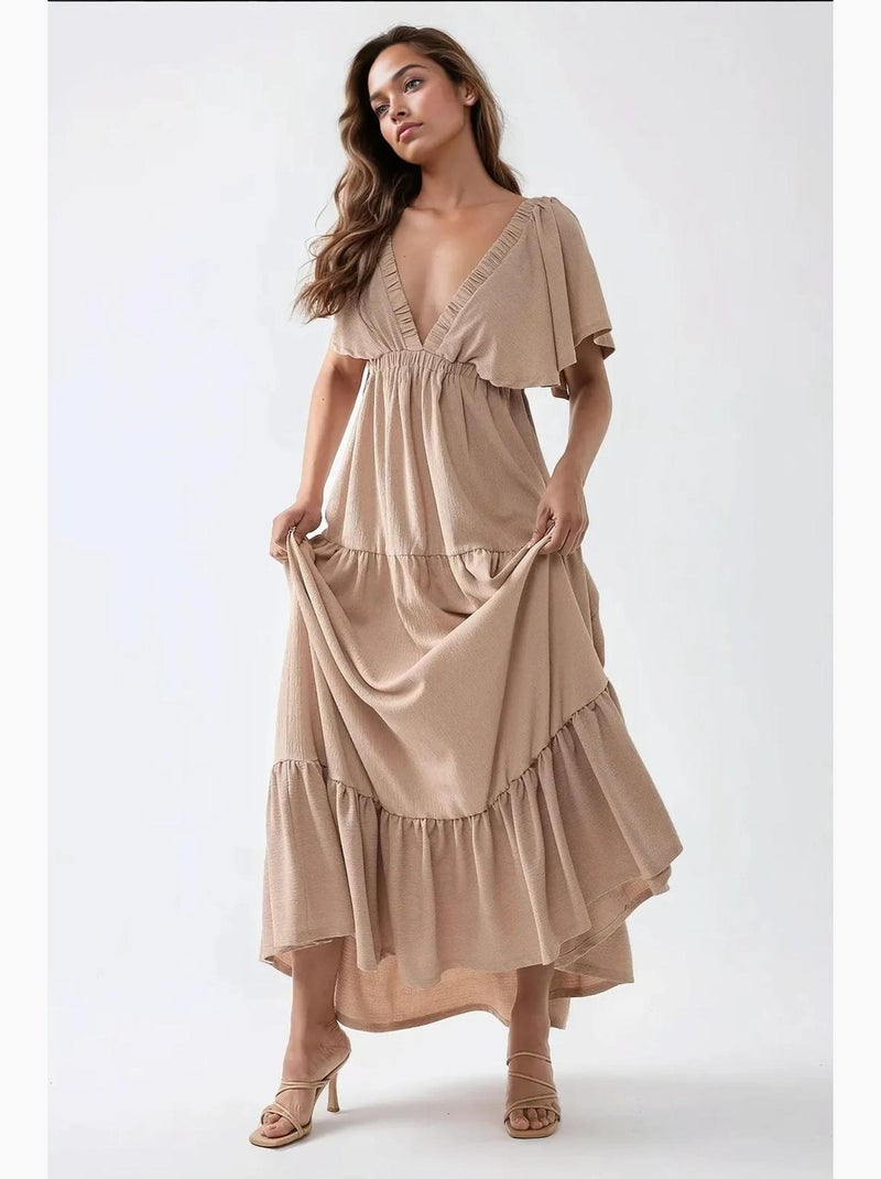 Robe longue texturée à col en v et coupe a hiccup Camel - Kiabi