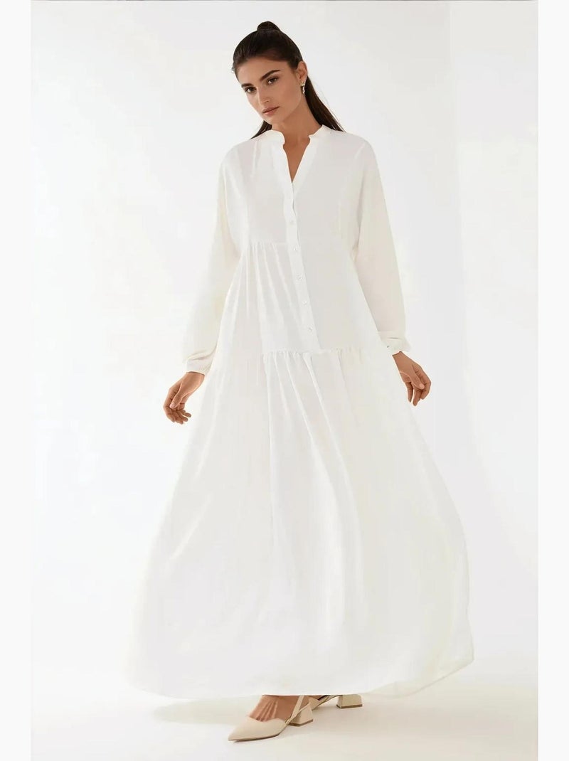 Robe longue texturée à col en v et détails boutonnés hiccup Blanc - Kiabi