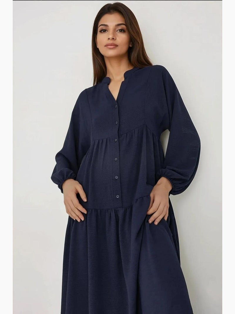 Robe longue texturée à col en v et détails boutonnés hiccup Bleu marine - Kiabi