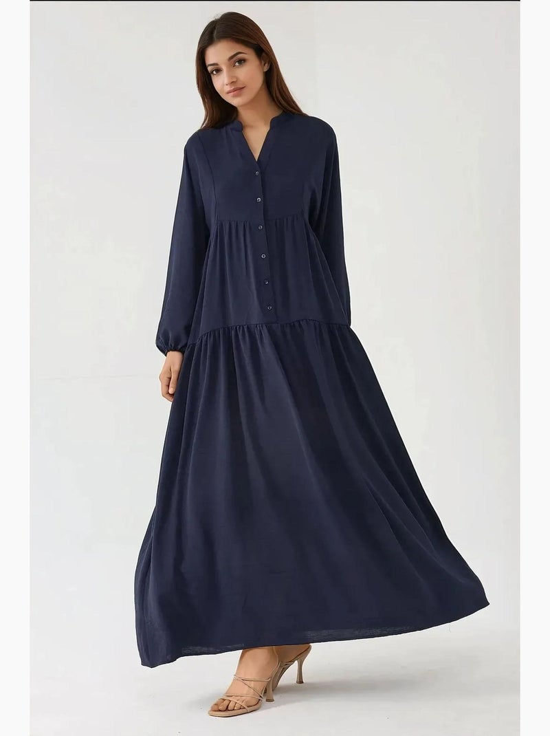 Robe longue texturée à col en v et détails boutonnés hiccup Bleu marine - Kiabi