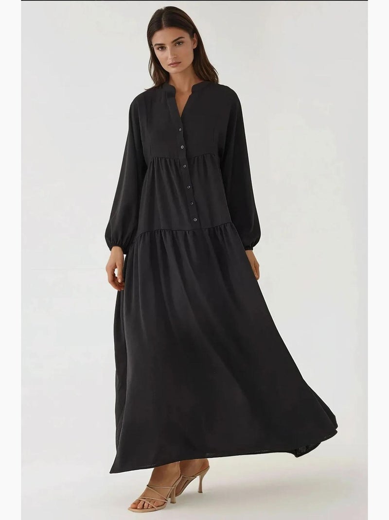 Robe longue texturée à col en v et détails boutonnés hiccup Noir - Kiabi