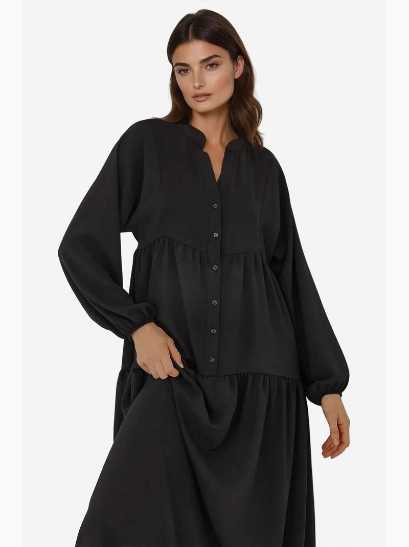 Robe longue texturée à col en v et détails boutonnés hiccup Noir - Kiabi
