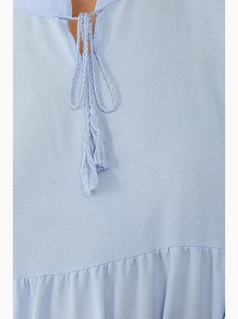 Robe longue texturée à col ras du cou et boutons hiccup Bleu ciel - Kiabi