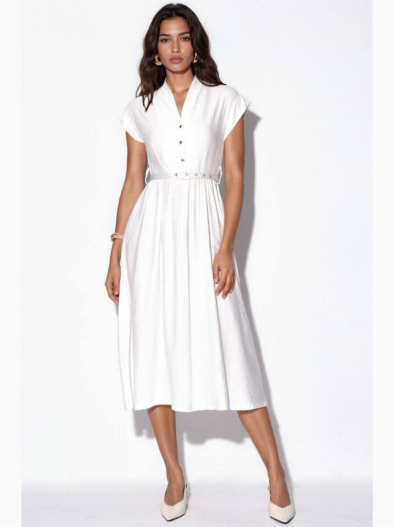 Robe longue texturée avec ceinture busem Blanc cassé - Kiabi