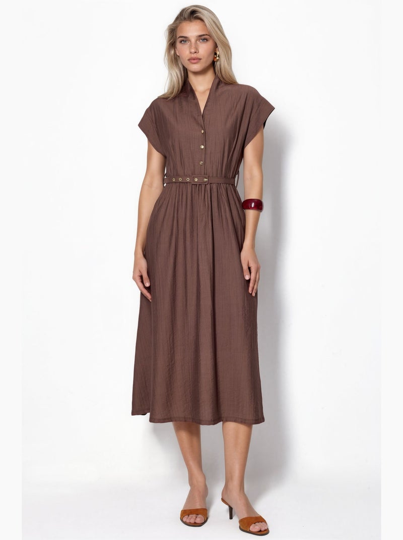 Robe longue texturée avec ceinture busem Marron - Kiabi