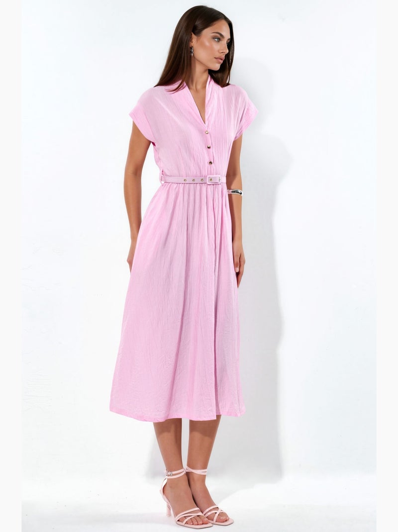Robe longue texturée avec ceinture busem Rose clair - Kiabi