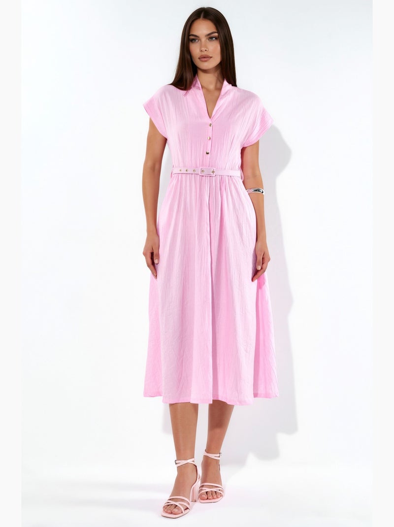 Robe longue texturée avec ceinture busem Rose clair - Kiabi