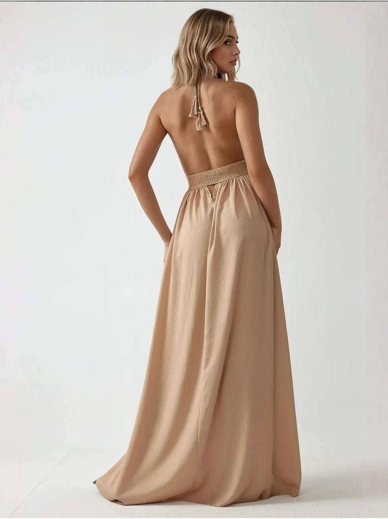 Robe longue trapèze à col en v Camel - Kiabi
