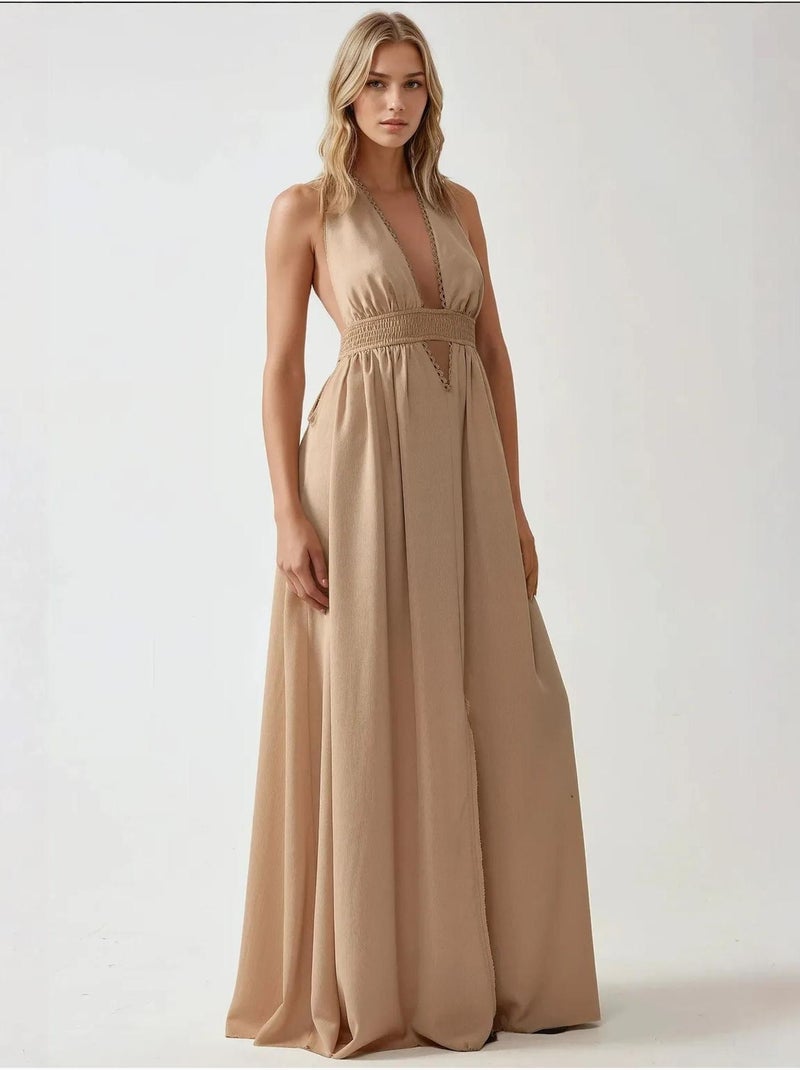 Robe longue trapèze à col en v Camel - Kiabi