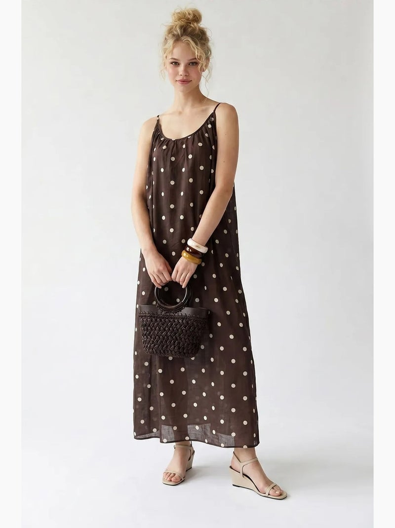 Robe longue trapèze à pois mixray Marron - Kiabi