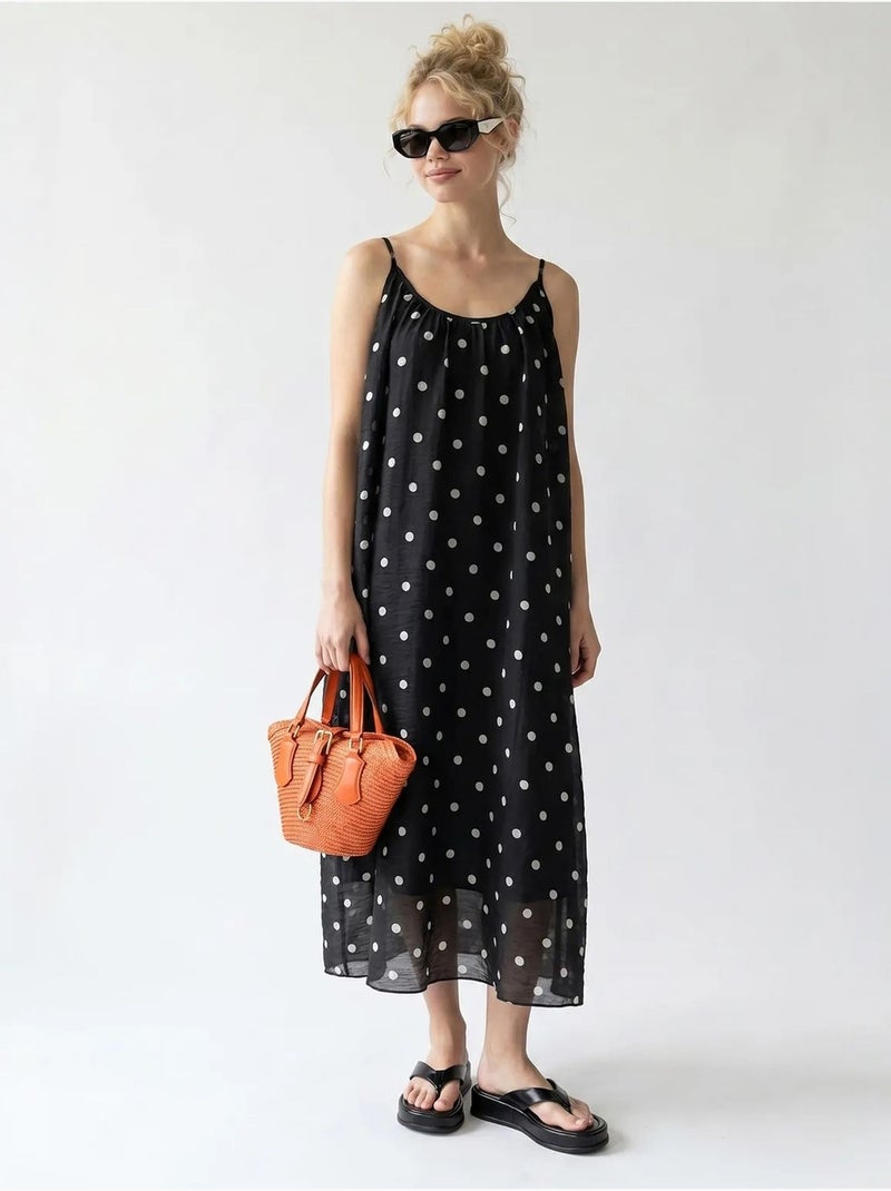 Robe longue trapèze à pois mixray Noir - Kiabi
