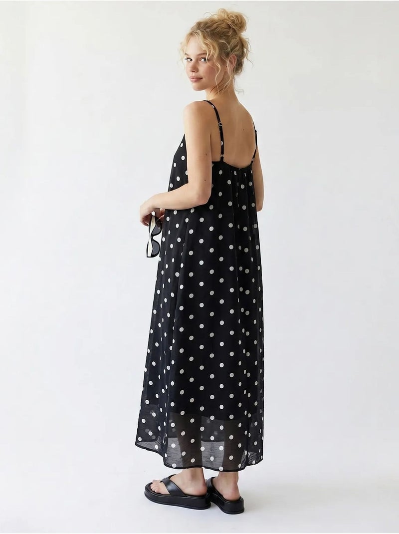 Robe longue trapèze à pois mixray Noir - Kiabi