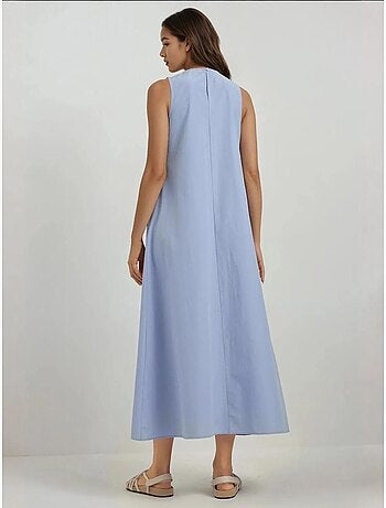 Robe longue trapèze sans manches à col ras du cou
