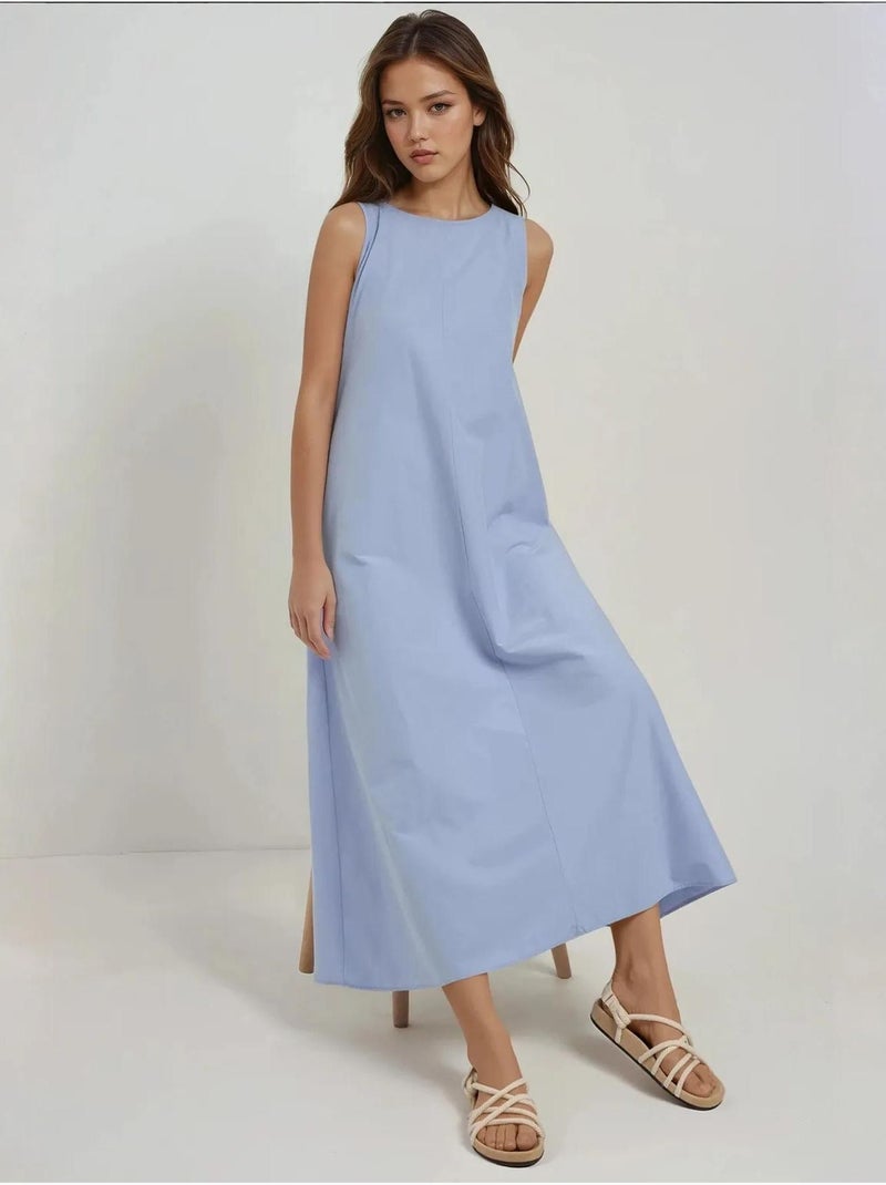 Robe longue trapèze sans manches à col ras du cou Bleu ciel - Kiabi