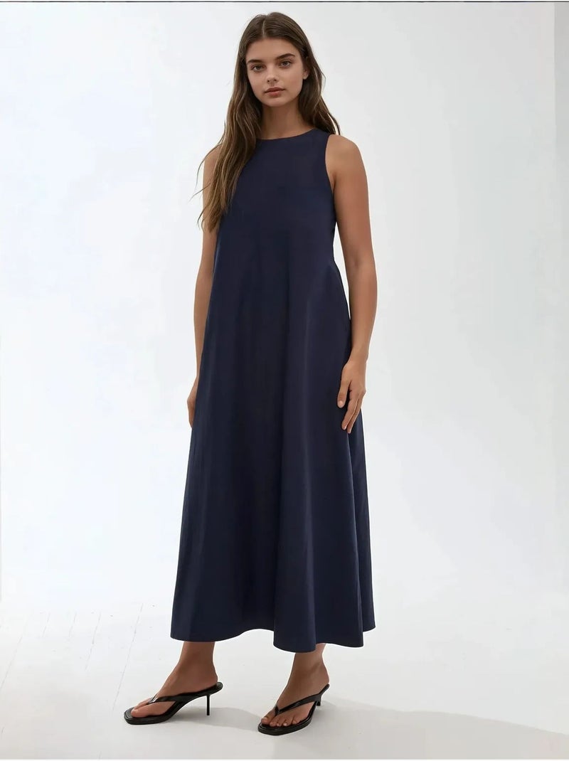 Robe longue trapèze sans manches à col ras du cou Bleu marine - Kiabi
