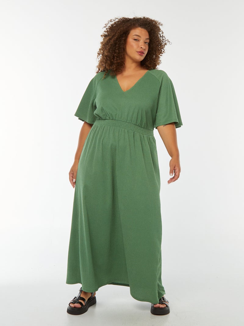Robe longue unie en maille gaufrée Vert - Kiabi