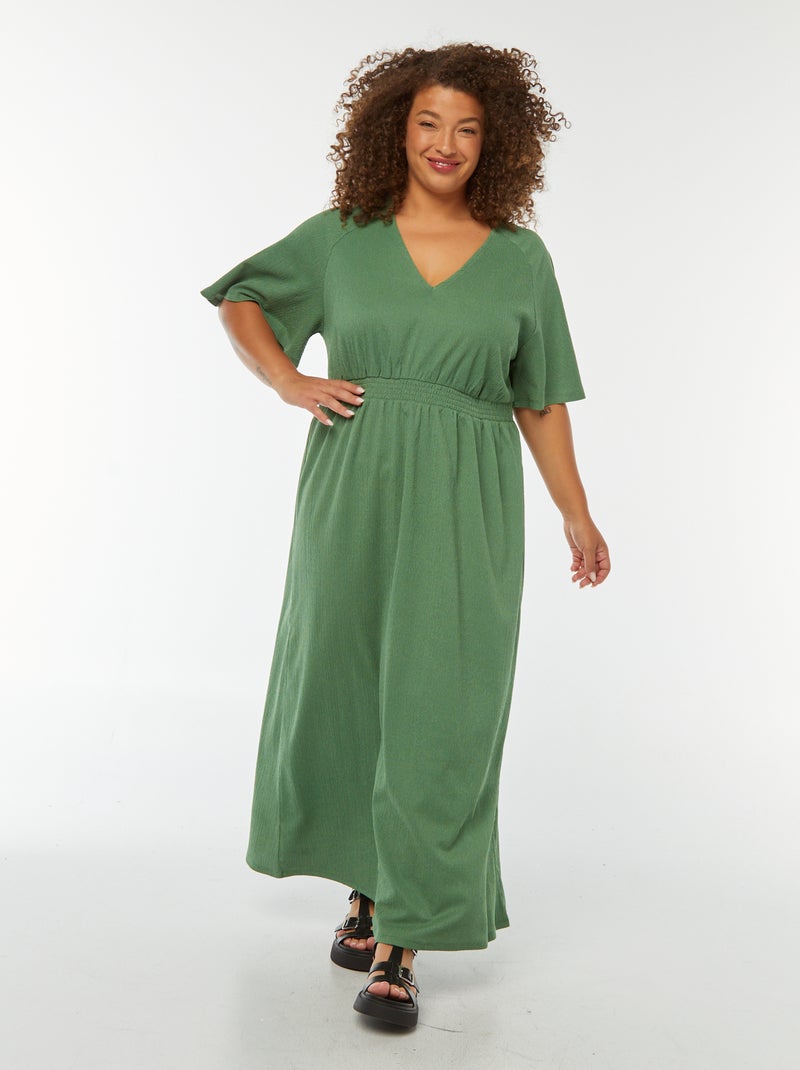 Robe longue unie en maille gaufrée Vert - Kiabi