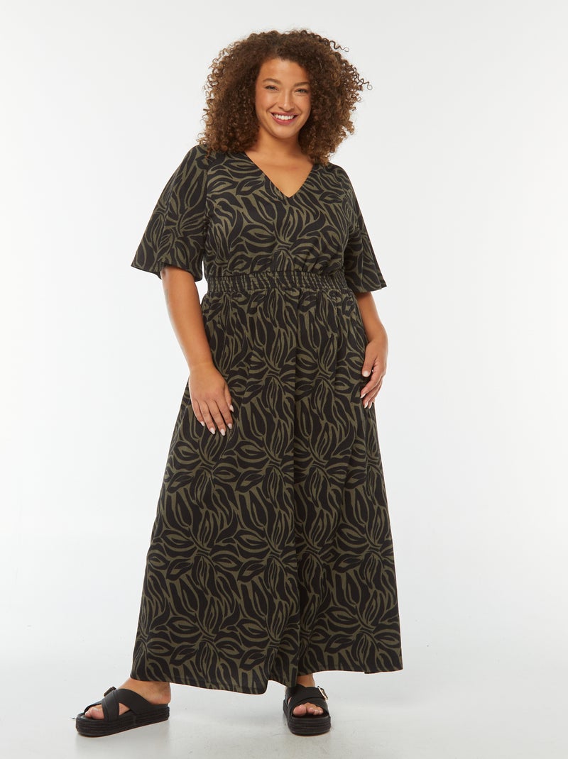 Robe longue unie en maille gaufrée Vert - Kiabi
