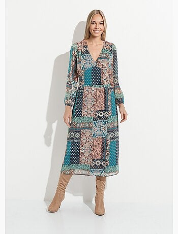 Robe longue voile crépon imprimé patchwork - Afibel