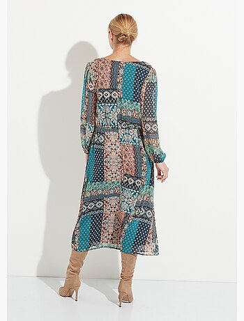 Robe longue voile crépon imprimé patchwork - Afibel