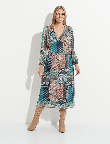 Robe longue voile crépon imprimé patchwork