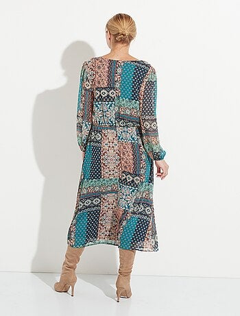 Robe longue voile crépon imprimé patchwork