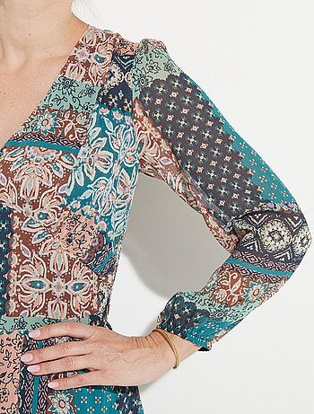 Robe longue voile crépon imprimé patchwork