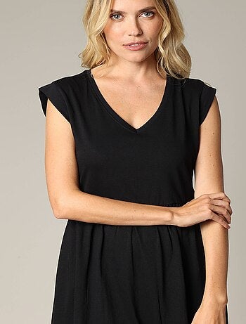 Robe longueur midi à manches courtes avec col V et taille froncée 'Deeluxe'